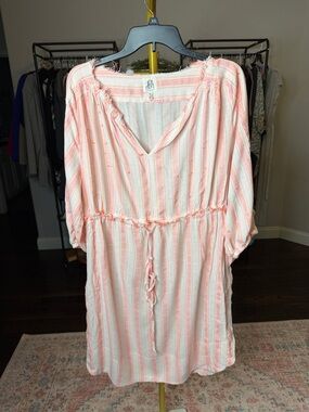 dRA Los Angeles Pink & White Striped V-Neck raw hem dress